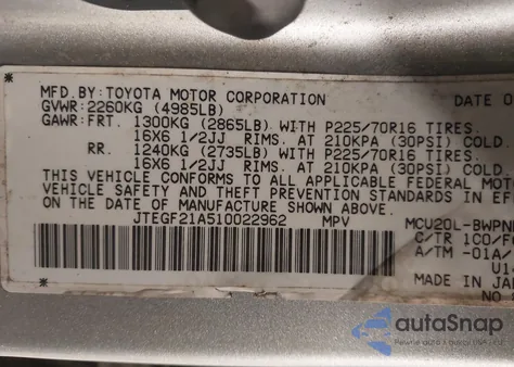 2001 Toyota Highlander V6 z USA, uszkodzony, nr VIN JTEGF21A510022962